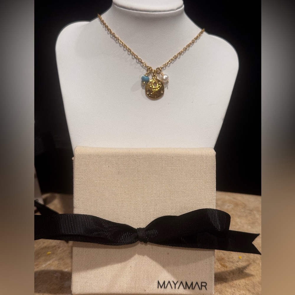 MAYAMAR 24K Gold Plated Sand Dollar Turquoise & Pearl Charm Necklace 16-19in NIB